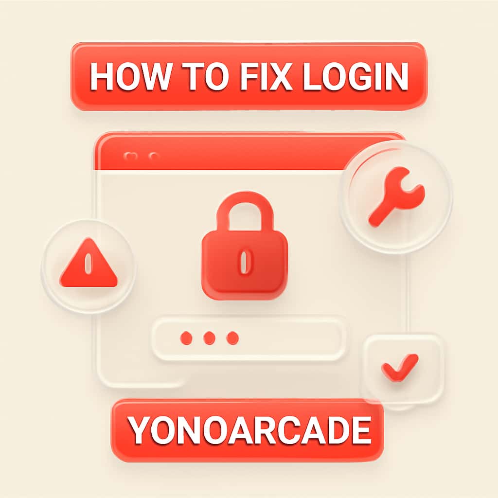 Diagram explaining login troubleshooting steps for YonoArcade.
