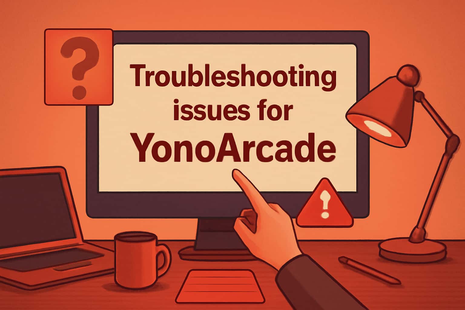 An informational scene depicting troubleshooting issues for YonoArcade.