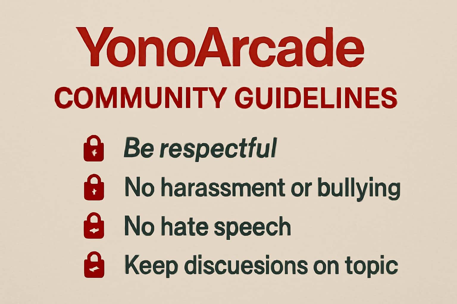 An informative scene depicting the YonoArcade Community Guidelines with clear text.